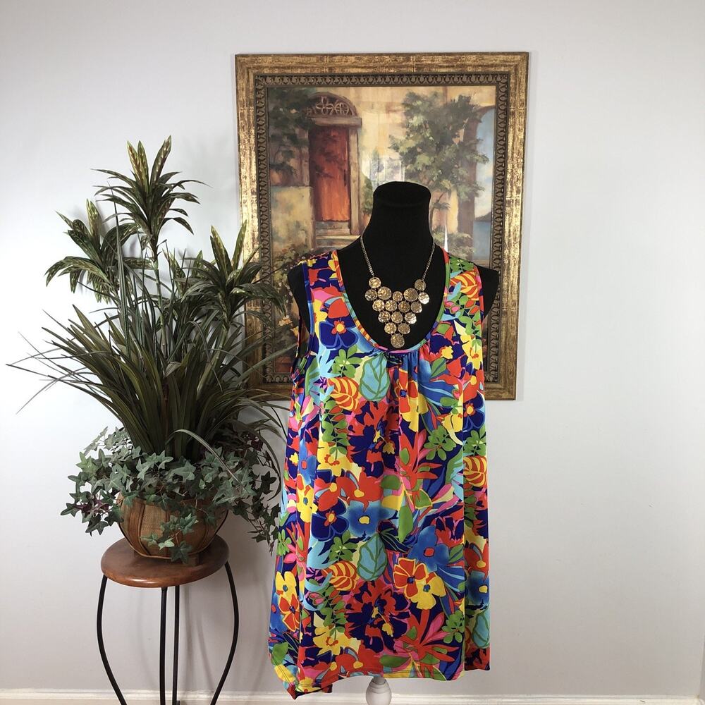 Slinky Brand Women’s Sleeveless Tank Top Size LG Floral Stretch Asymmetrical Hem